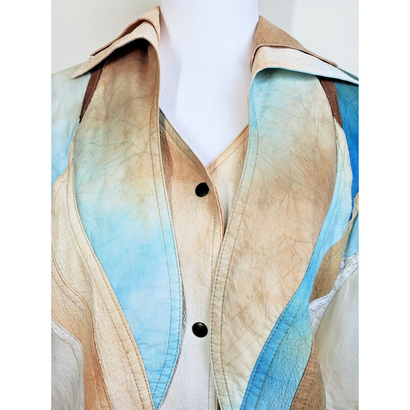 CACHE Vintage 80's Womens Top Collared Leather Accents Snap Front Rayon USA Made - Picture 2 of 12